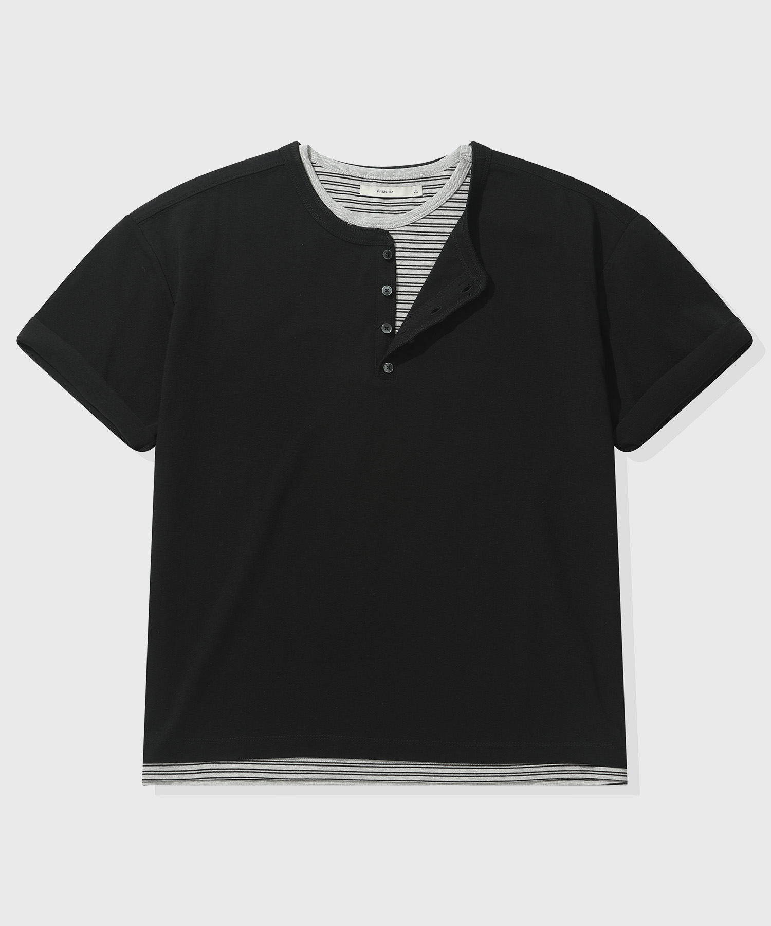 Striped Layered Henley Neck Short-Sleeve T-Shirt_Black