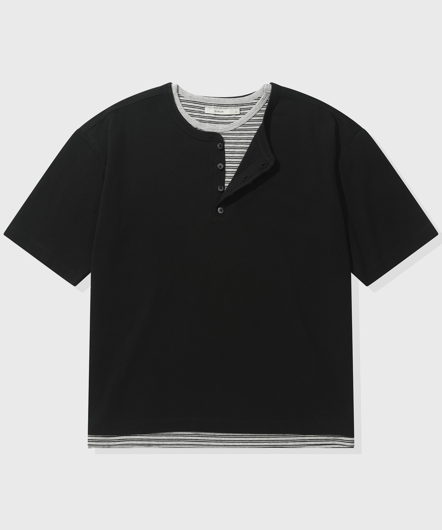 Striped Layered Henley Neck Short-Sleeve T-Shirt_Black