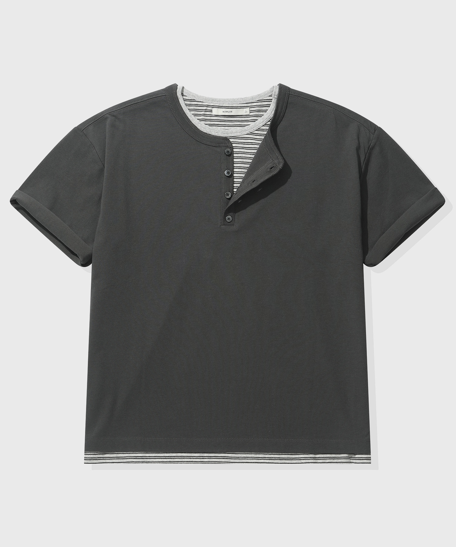 Striped Layered Henley Neck Short-Sleeve T-Shirt_Charcoal