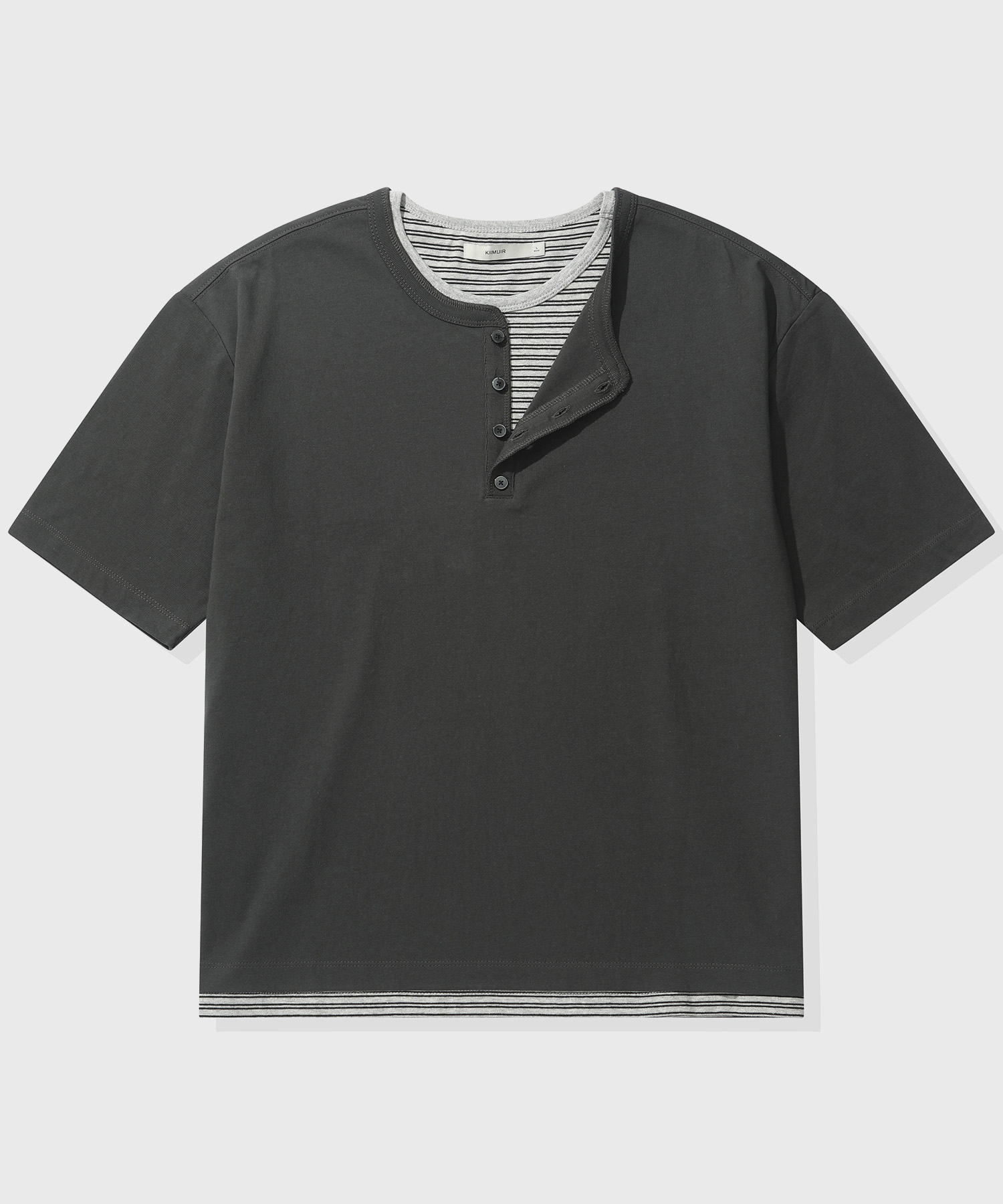 Striped Layered Henley Neck Short-Sleeve T-Shirt_Charcoal