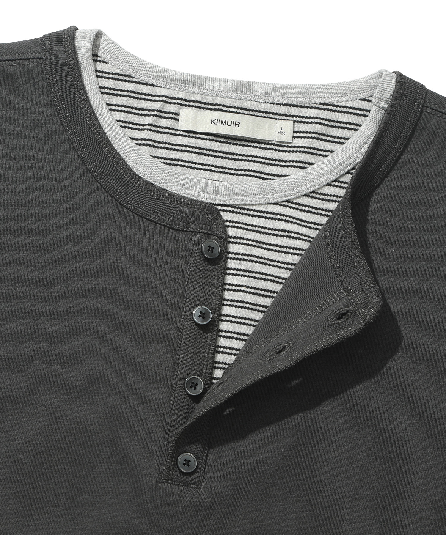 Striped Layered Henley Neck Short-Sleeve T-Shirt_Charcoal