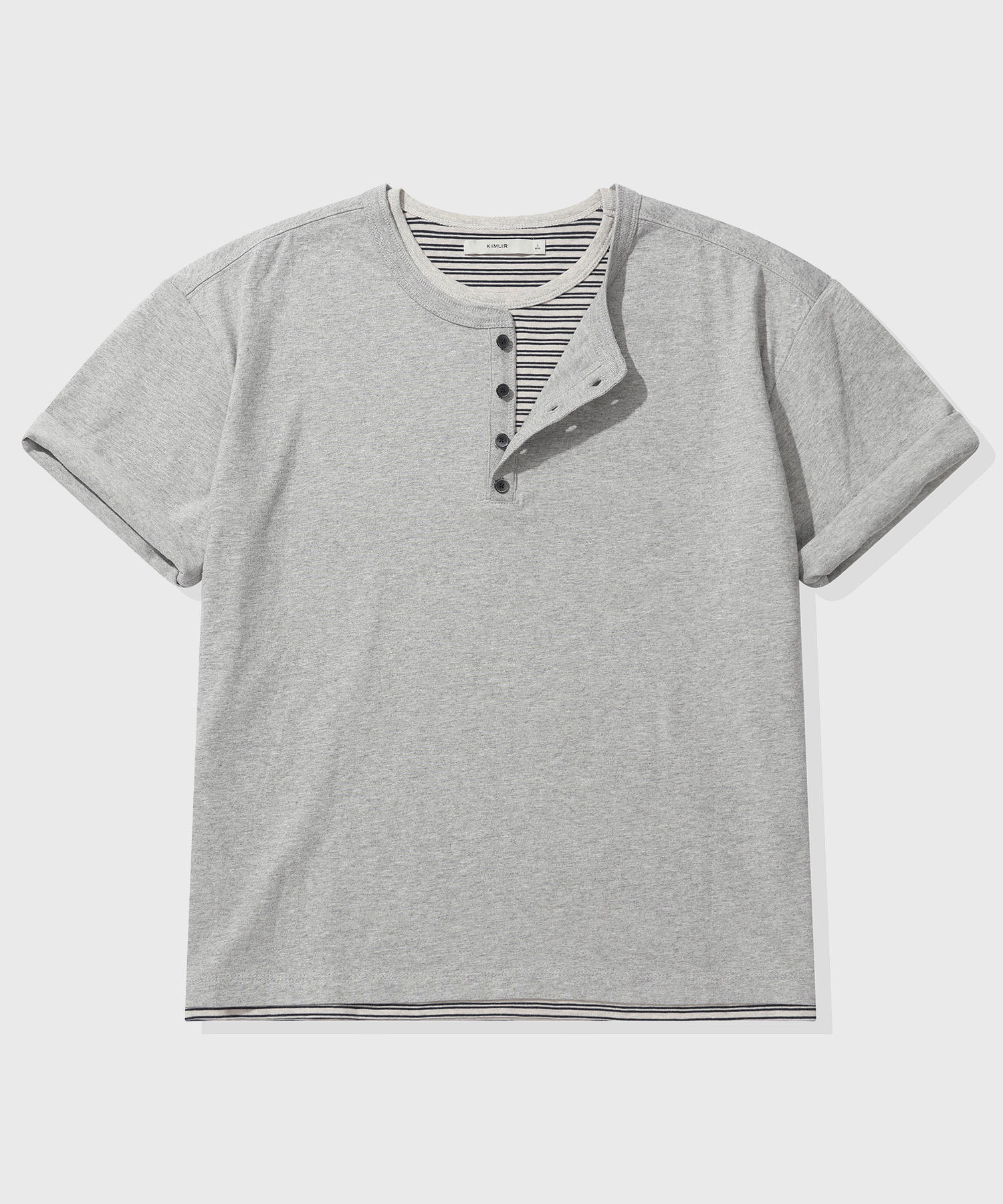 Striped Layered Henley Neck Short-Sleeve T-Shirt_Melange Gray