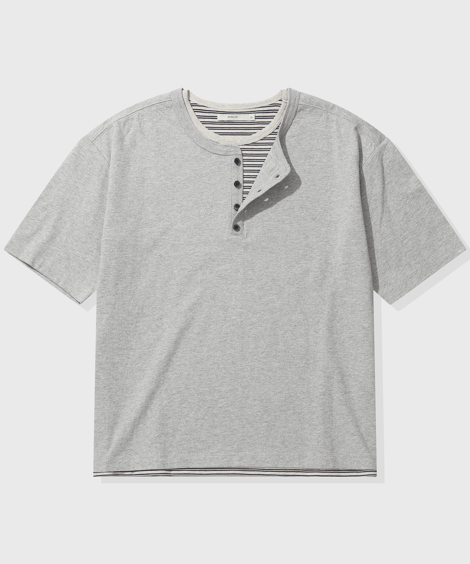 Striped Layered Henley Neck Short-Sleeve T-Shirt_Melange Gray