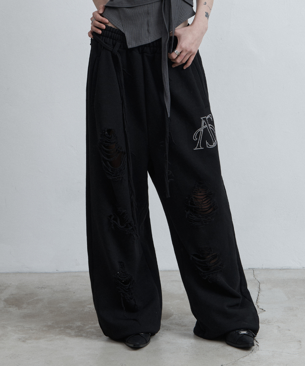 BELTED DESTROYED SWEATPANTS BLACK