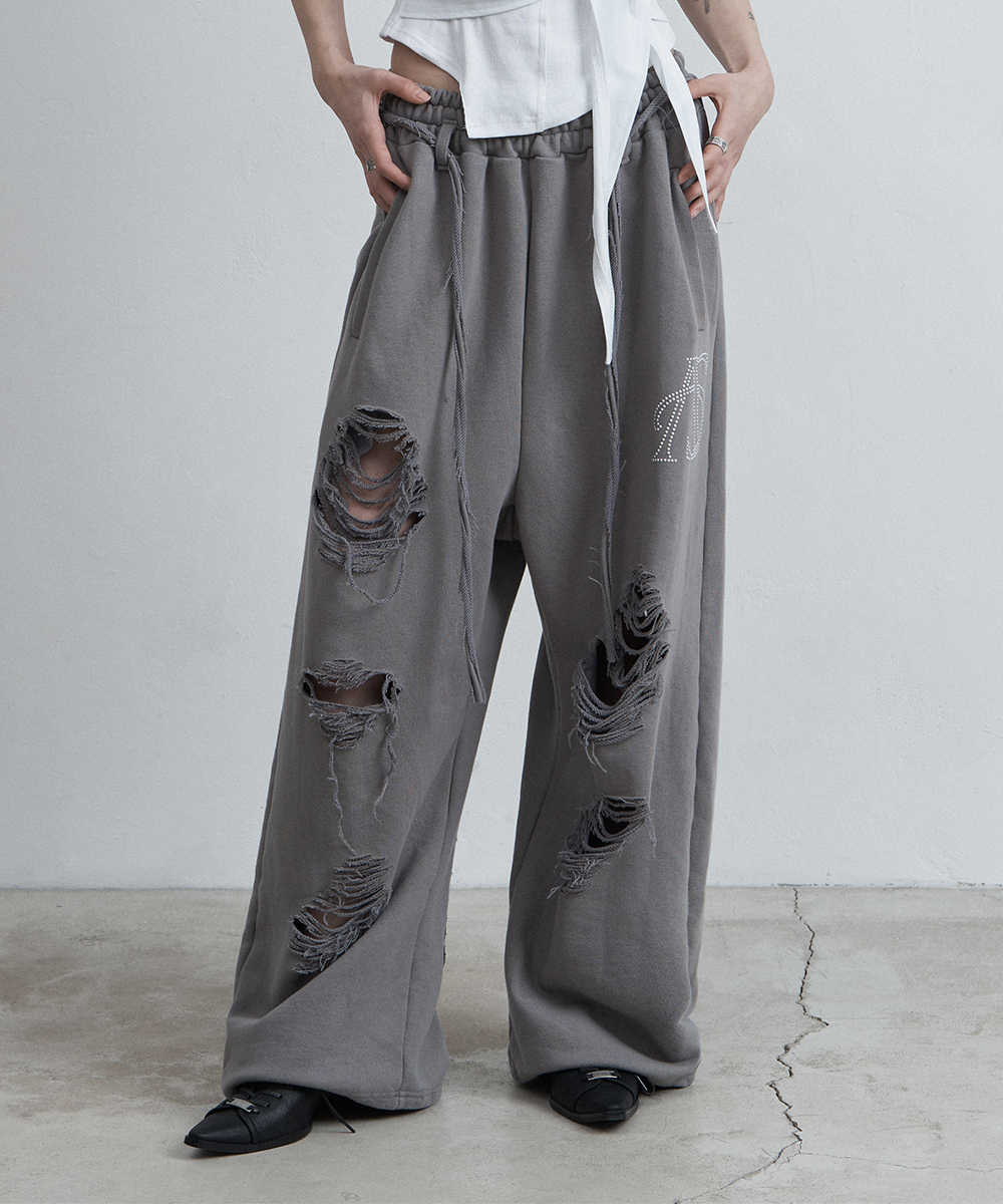 BELTED DESTROYED SWEATPANTS DARK GREY