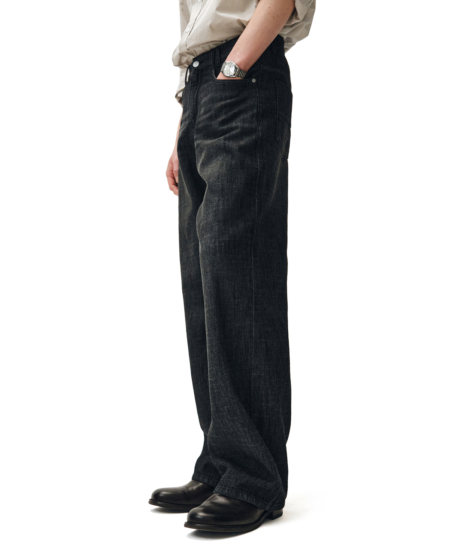 Linen Like Mid Rise Wide Jeans DCPT039Black