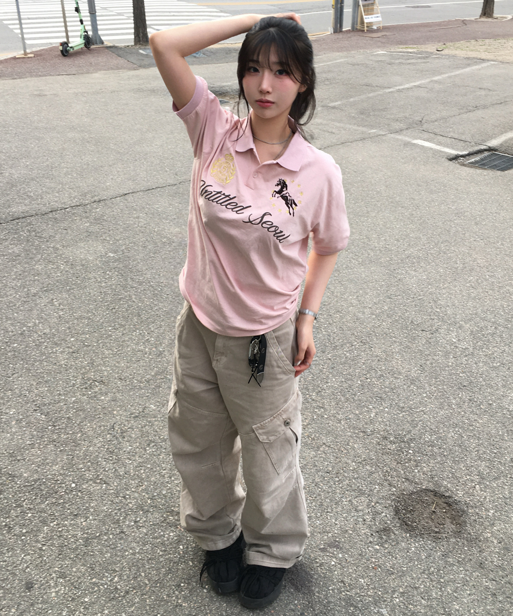 Untitled Crest Polo Crop Short Sleeve Pink