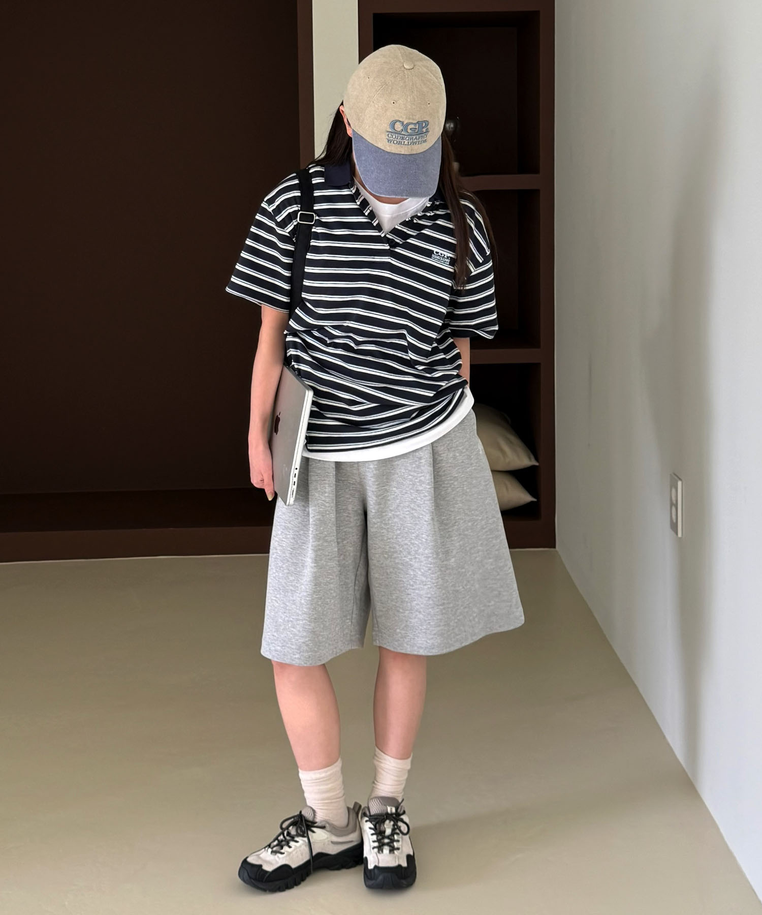 (Women) Оверсайз поло в полоску с коротким рукавом - dark navy