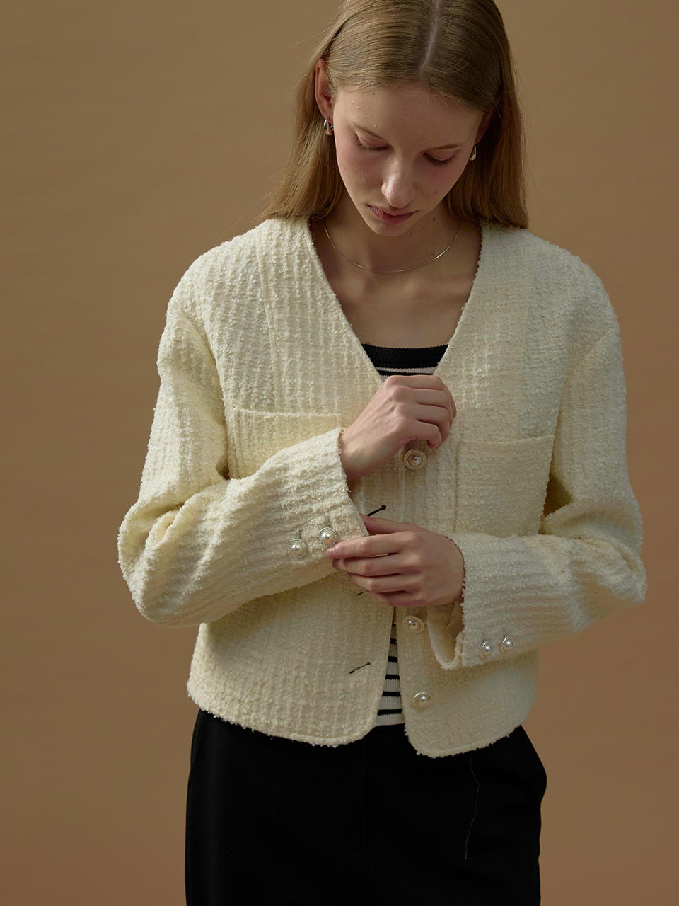 V-NECK POCKET TWEED Куртка (sand слоновая кость)