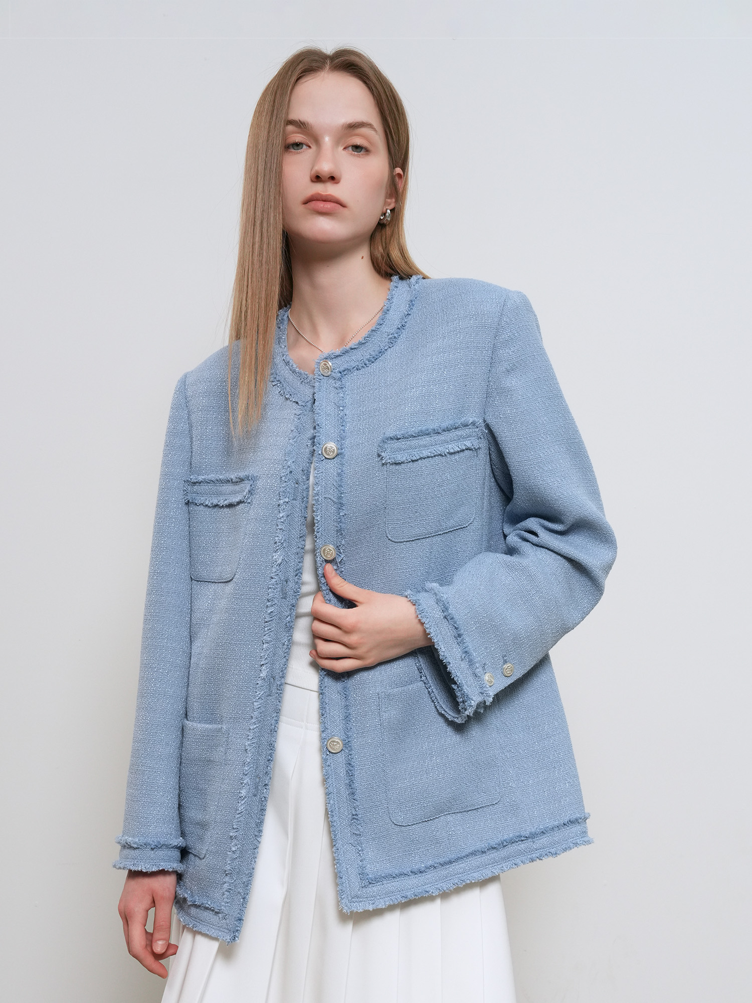 woman fringe trimming tweed jacket [blue]