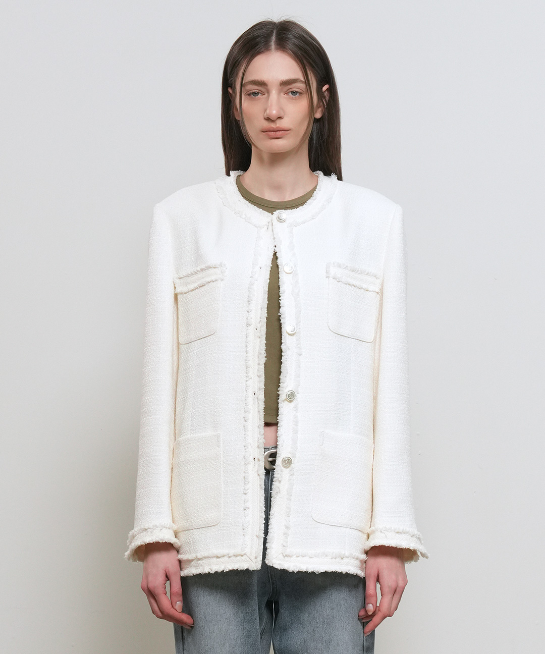 woman fringe trimming tweed jacket [ivory]
