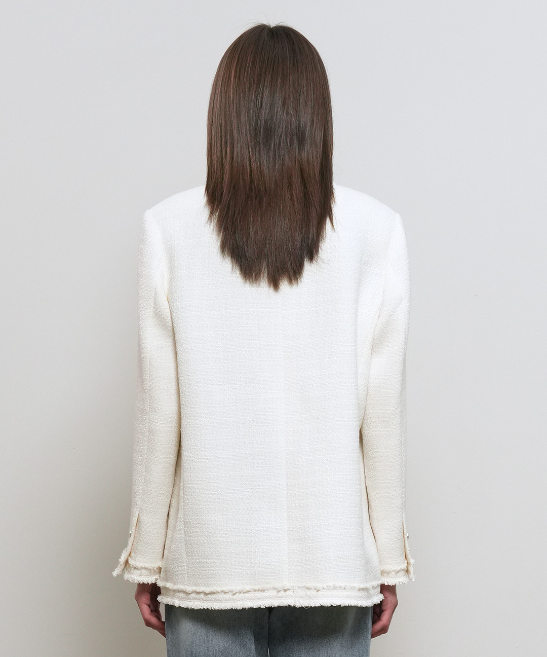 woman fringe trimming tweed jacket [ivory]