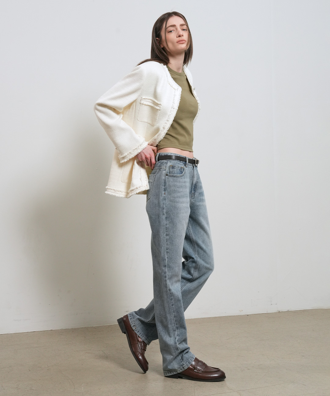 woman fringe trimming tweed jacket [ivory]