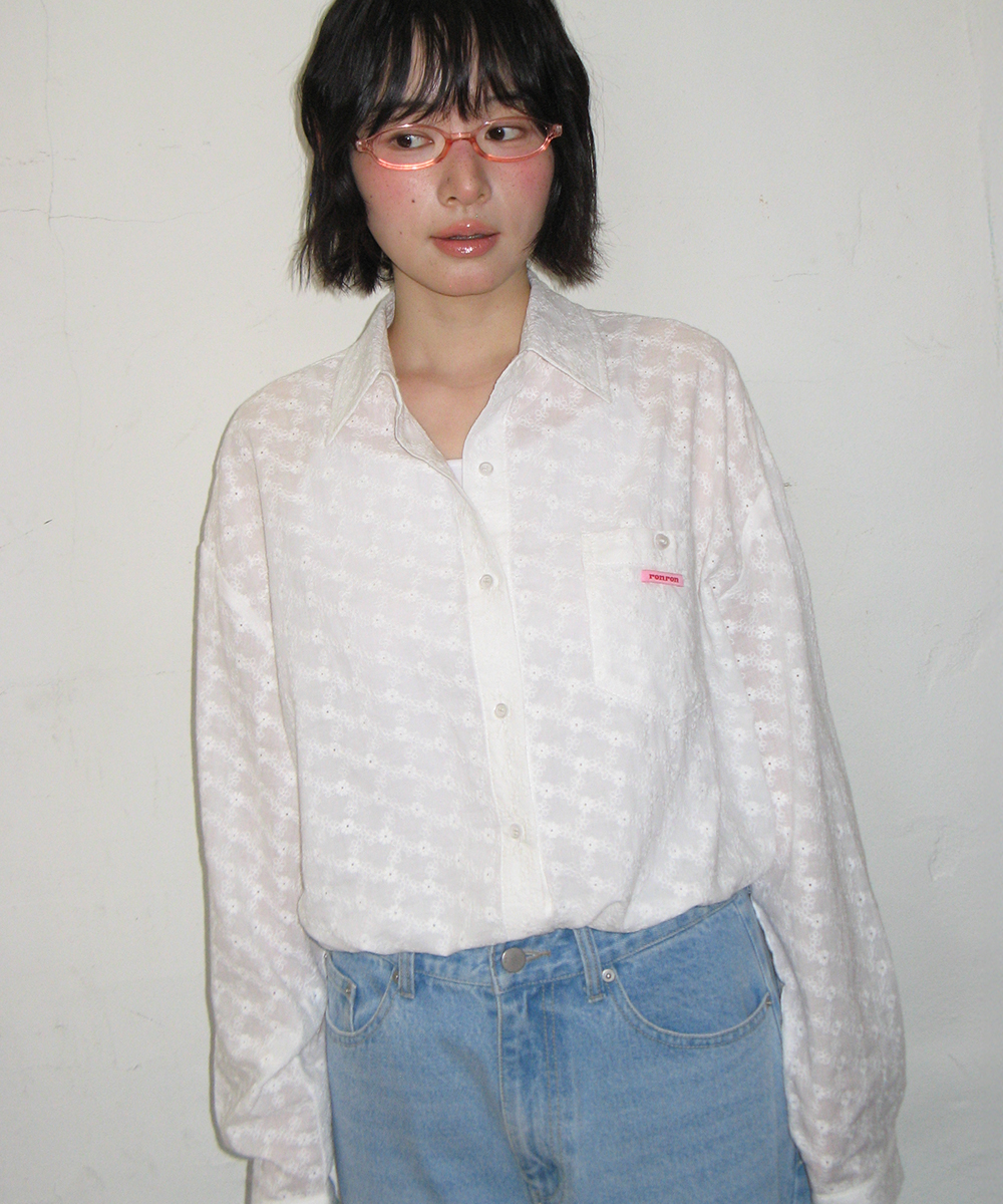 BUTTON POCKET OVERSIZED SHIRT EYELET WHITE
