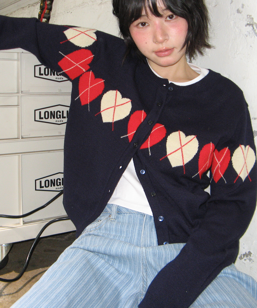 HEART ARGYLE LINE KNIT CARDIGAN NAVY