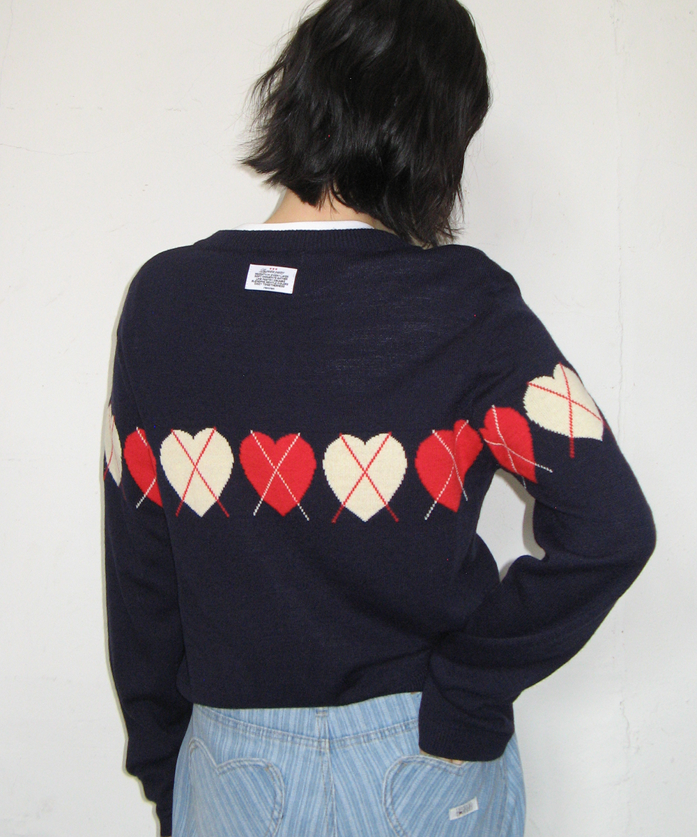 HEART ARGYLE LINE KNIT CARDIGAN NAVY