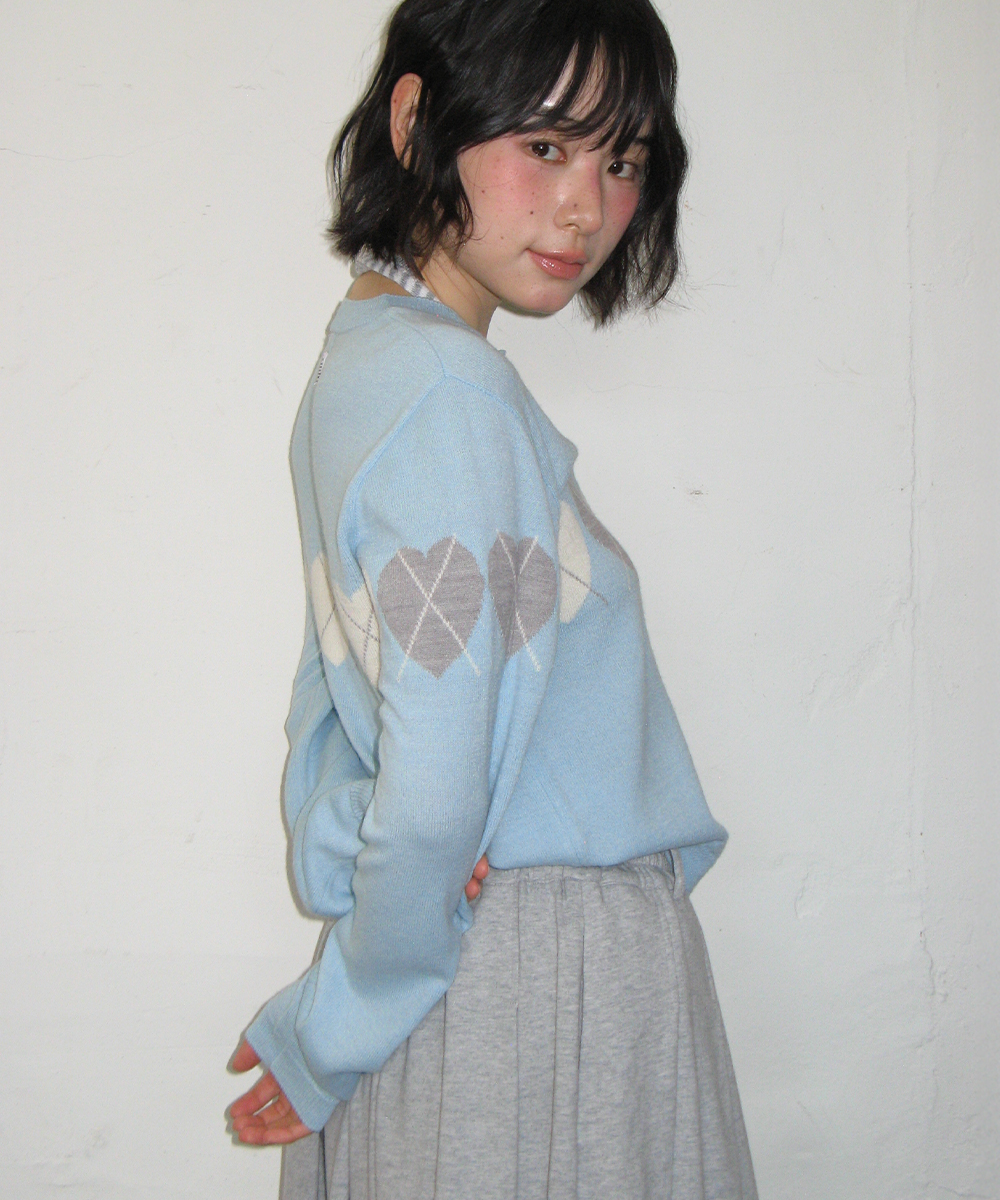 HEART ARGYLE LINE KNIT CARDIGAN SOFT BLUE
