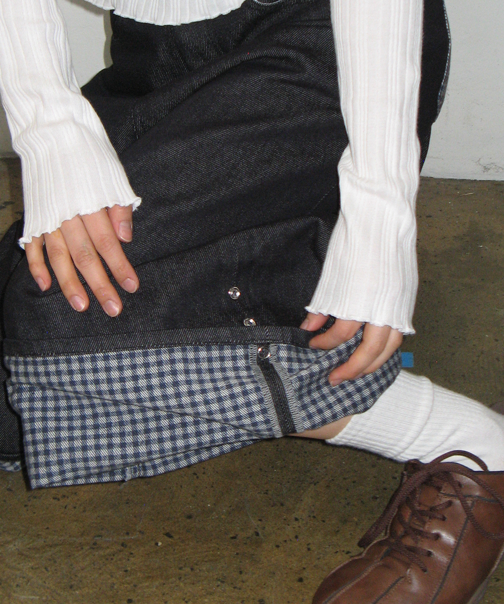 CHECK COMBI BERMUDA DENIM PANTS INDIGO BLUE