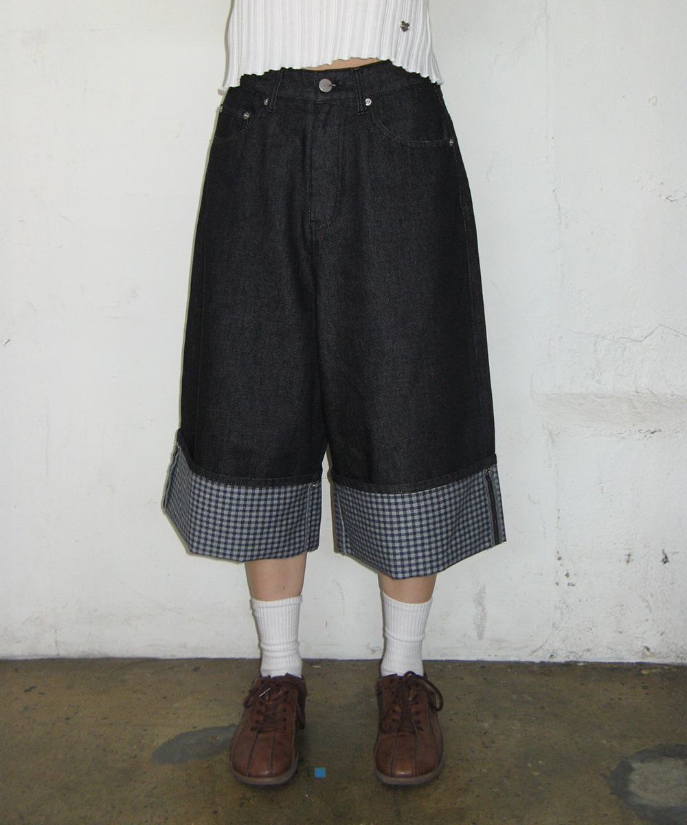 CHECK COMBI BERMUDA DENIM PANTS INDIGO BLUE