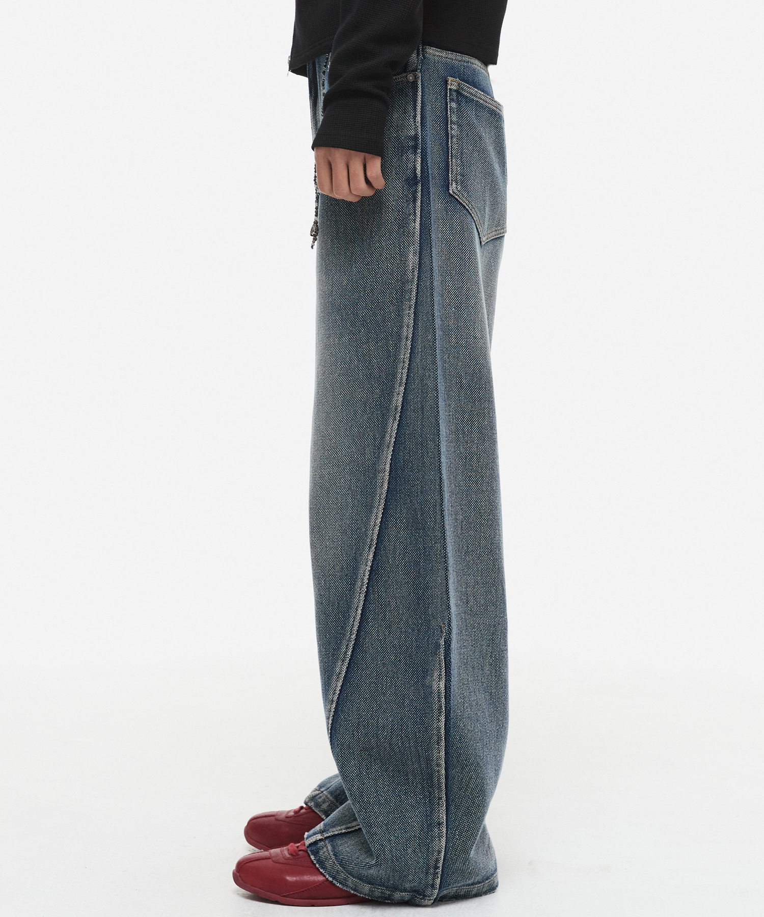 Sashiko Curved Denim Pants Blue