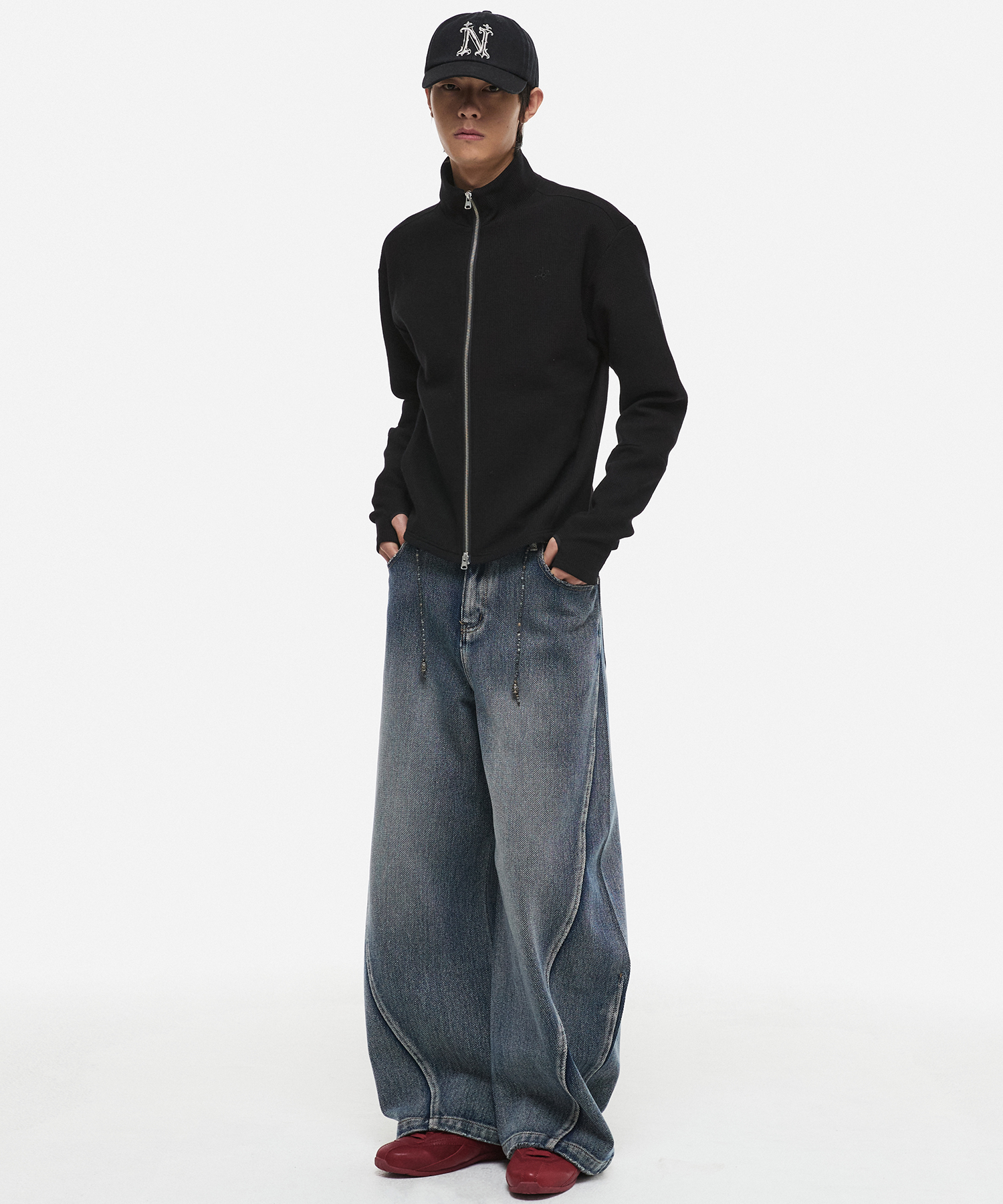 Sashiko Curved Denim Pants Blue
