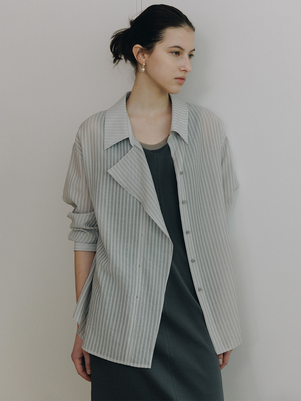 Sheer Striped Asymmetric Placket Shirt SW6MB702-11