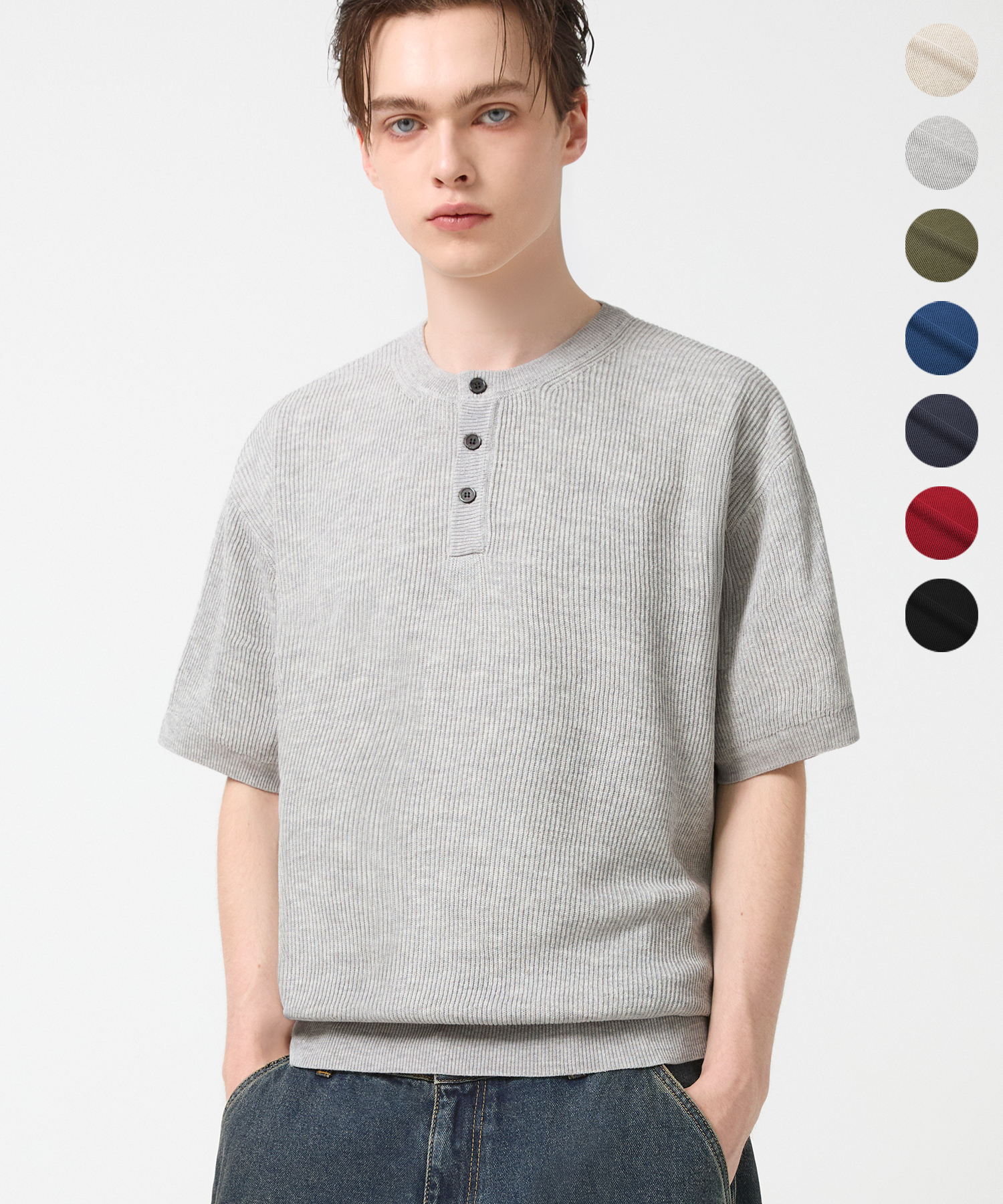 WASHABLE LINEN CROP HENRY NECK HALF KNIT_7color