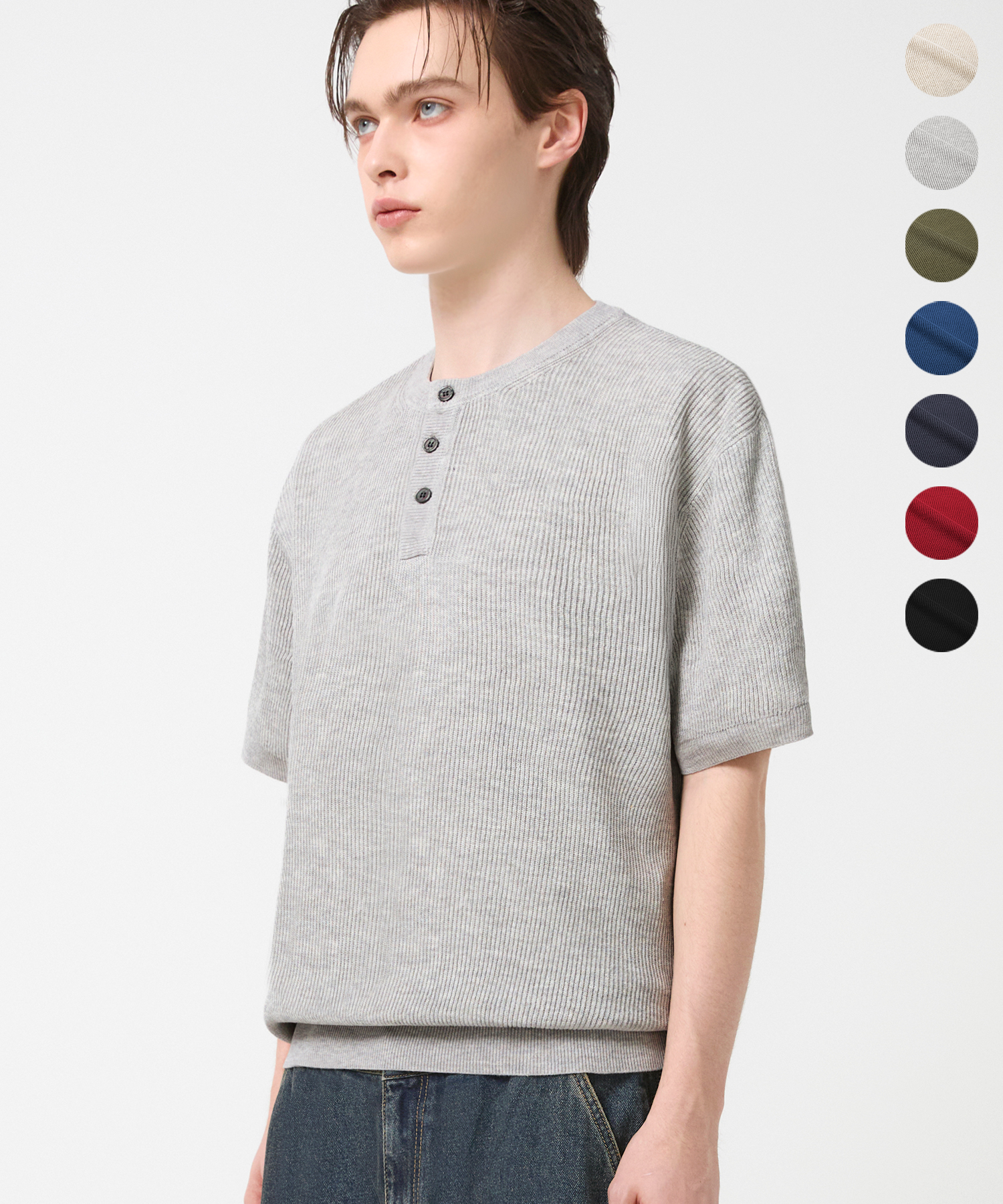 WASHABLE LINEN CROP HENRY NECK HALF KNIT_7color