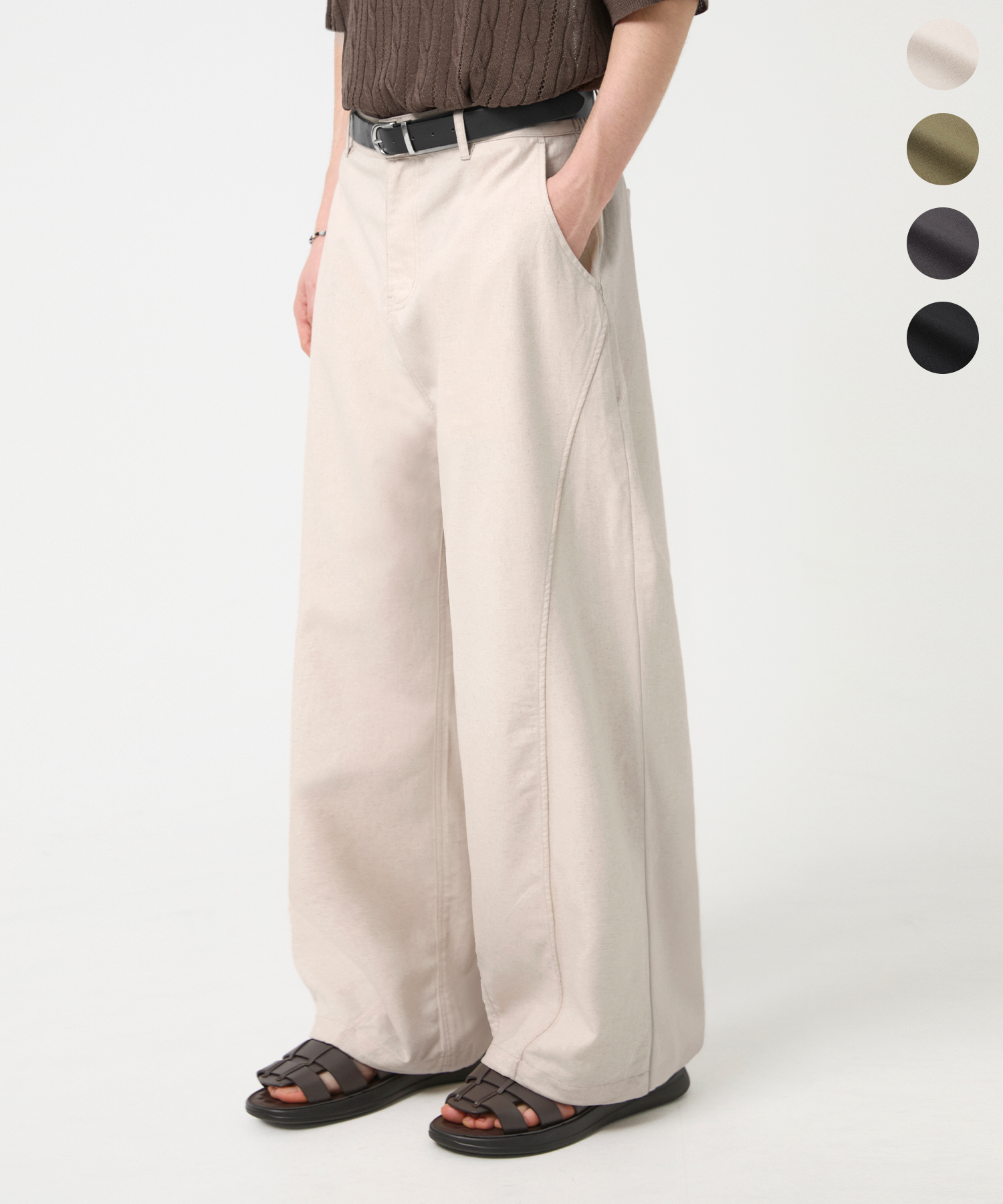 CURVED FIT WIDE BANDING LINEN PANTS_4colro
