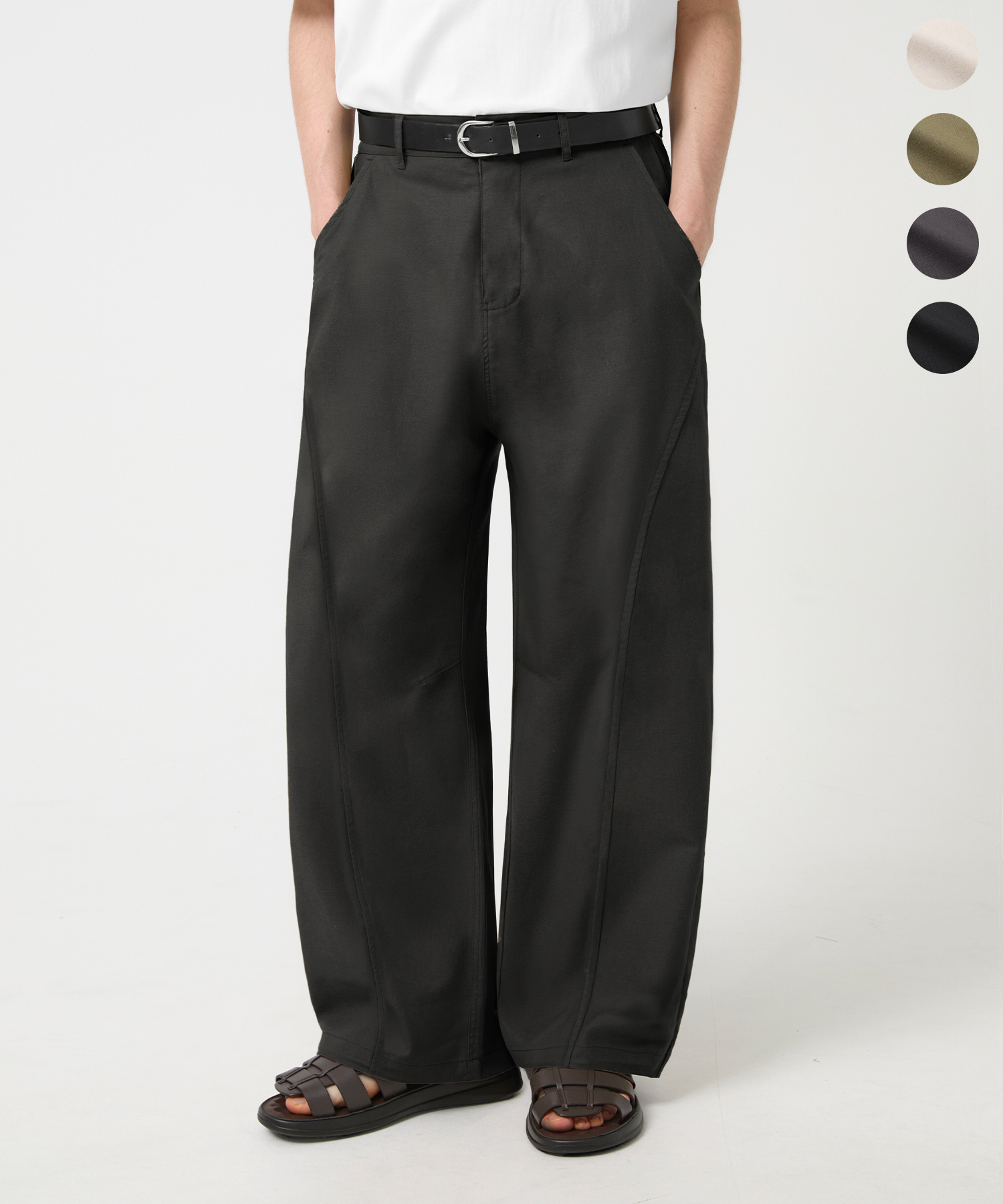 CURVED FIT WIDE BANDING LINEN PANTS_4colro
