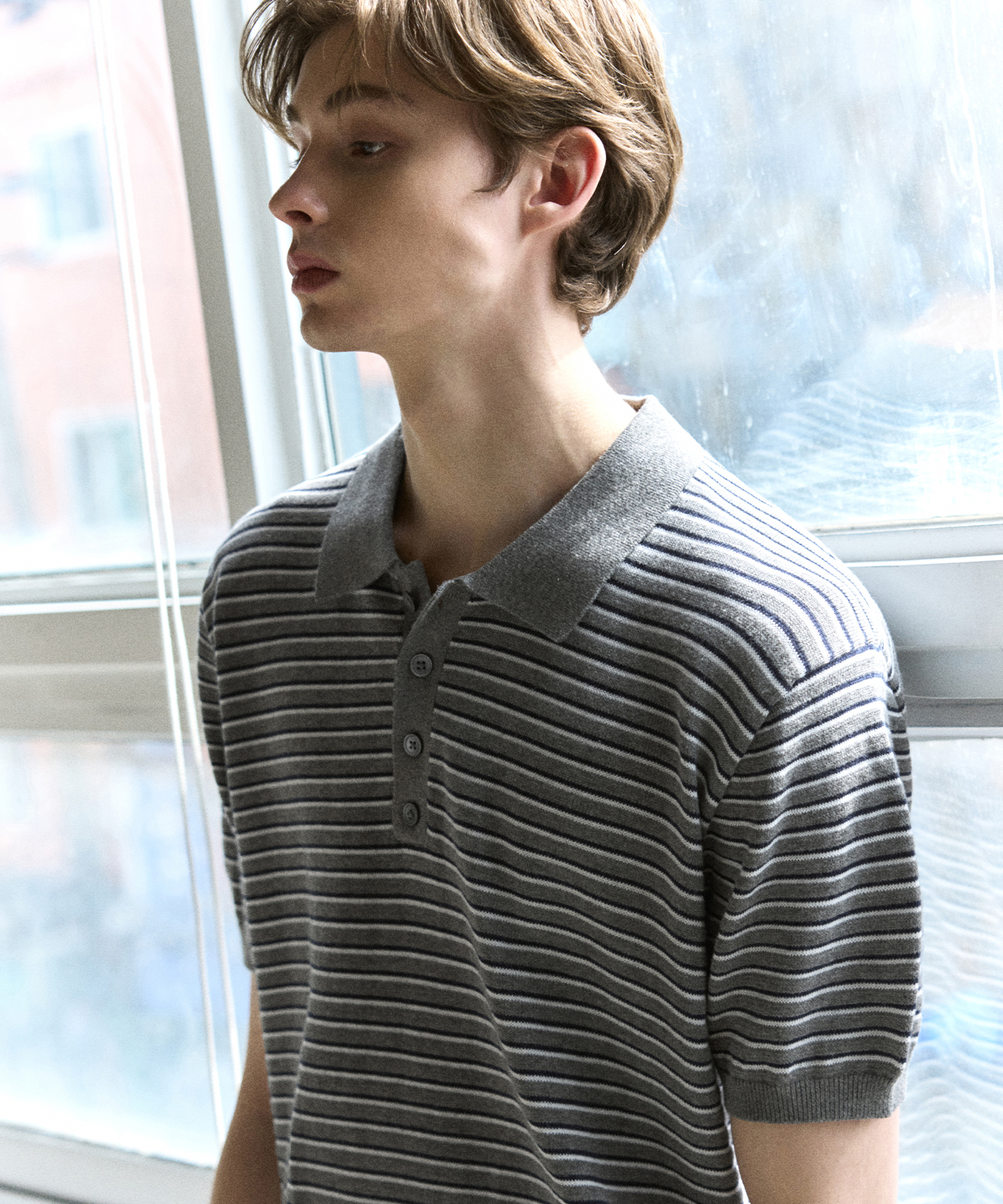 REPOSE STRIPE POLO KNIT [MELANGE GREY]