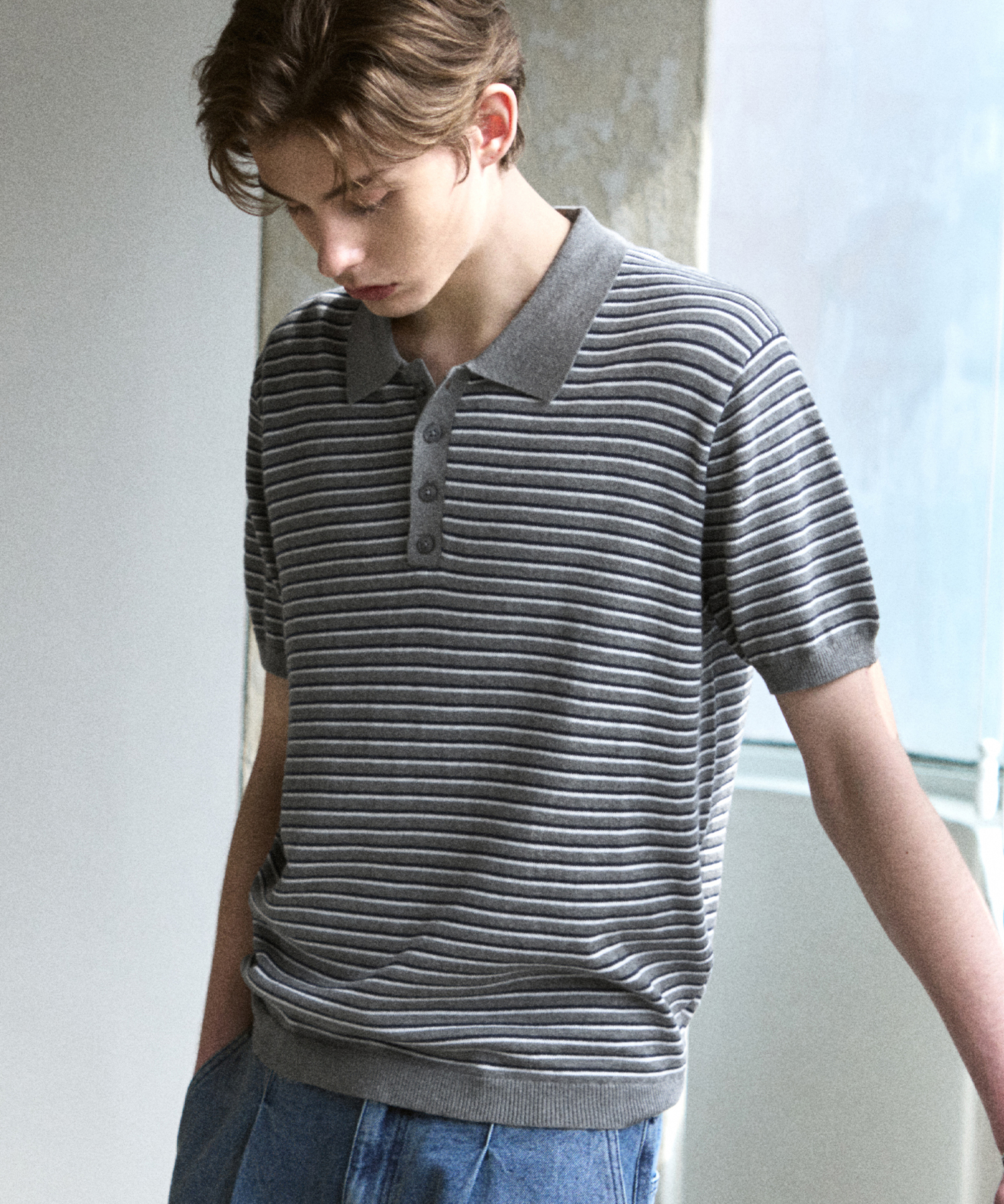 REPOSE STRIPE POLO KNIT [MELANGE GREY]