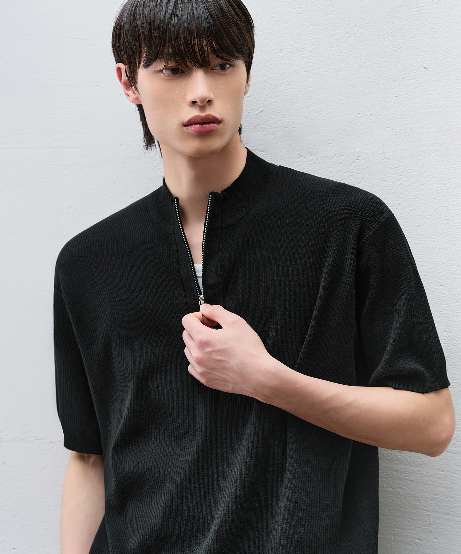 URBANE RIBBED HALF ZIPUP KNIT [BLACK]