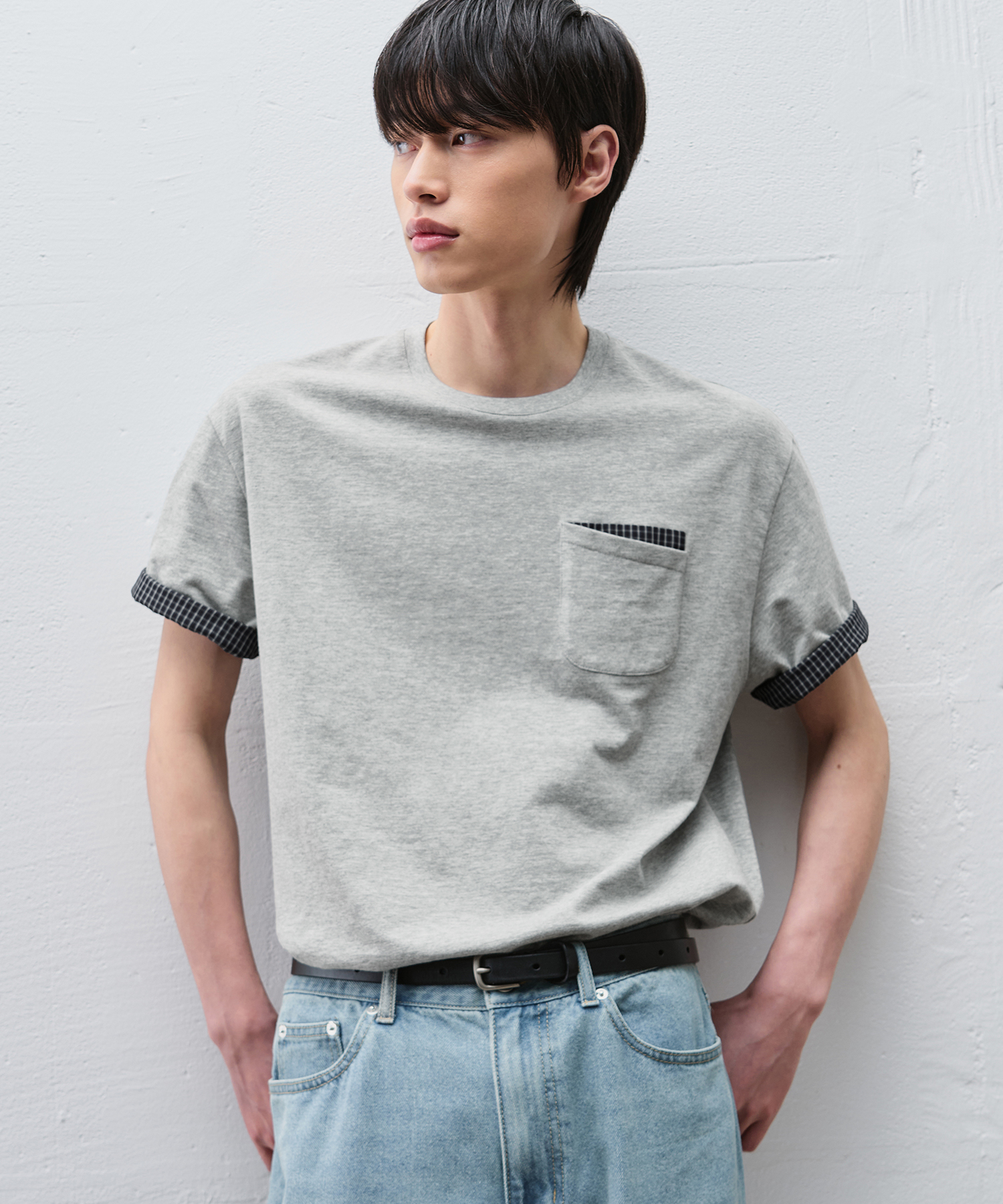 ROLL UP CHECK HALF T-SHIRT [M.GREY]