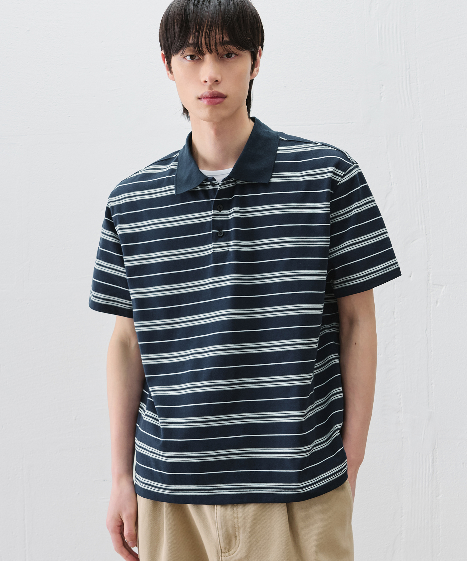 STRIPE BROAD PIQUE HALF T-SHIRT [NAVY]