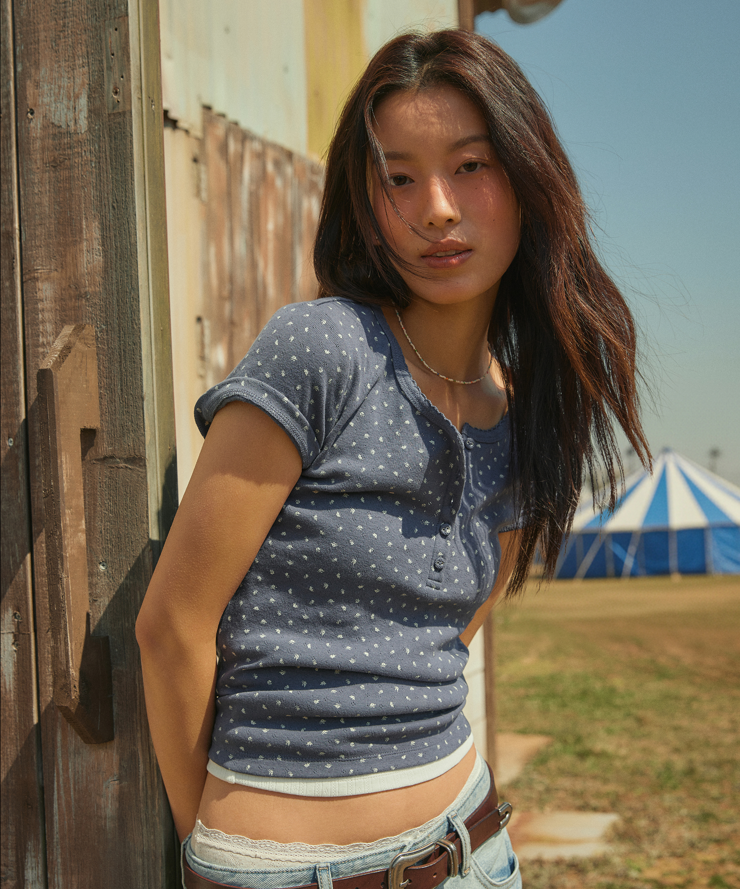 Eyelet Henry Neck T-shirt / WHRAG2532F