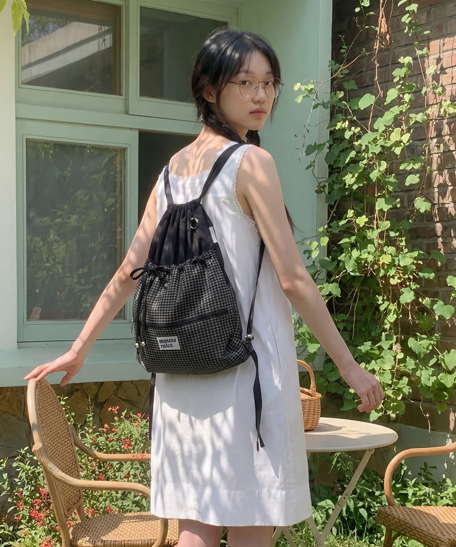 Ribbon gym sack_Check black