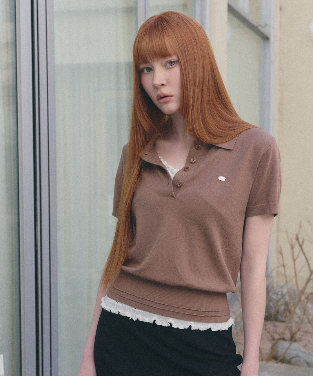 woman airy essential collar half knit [mocha]