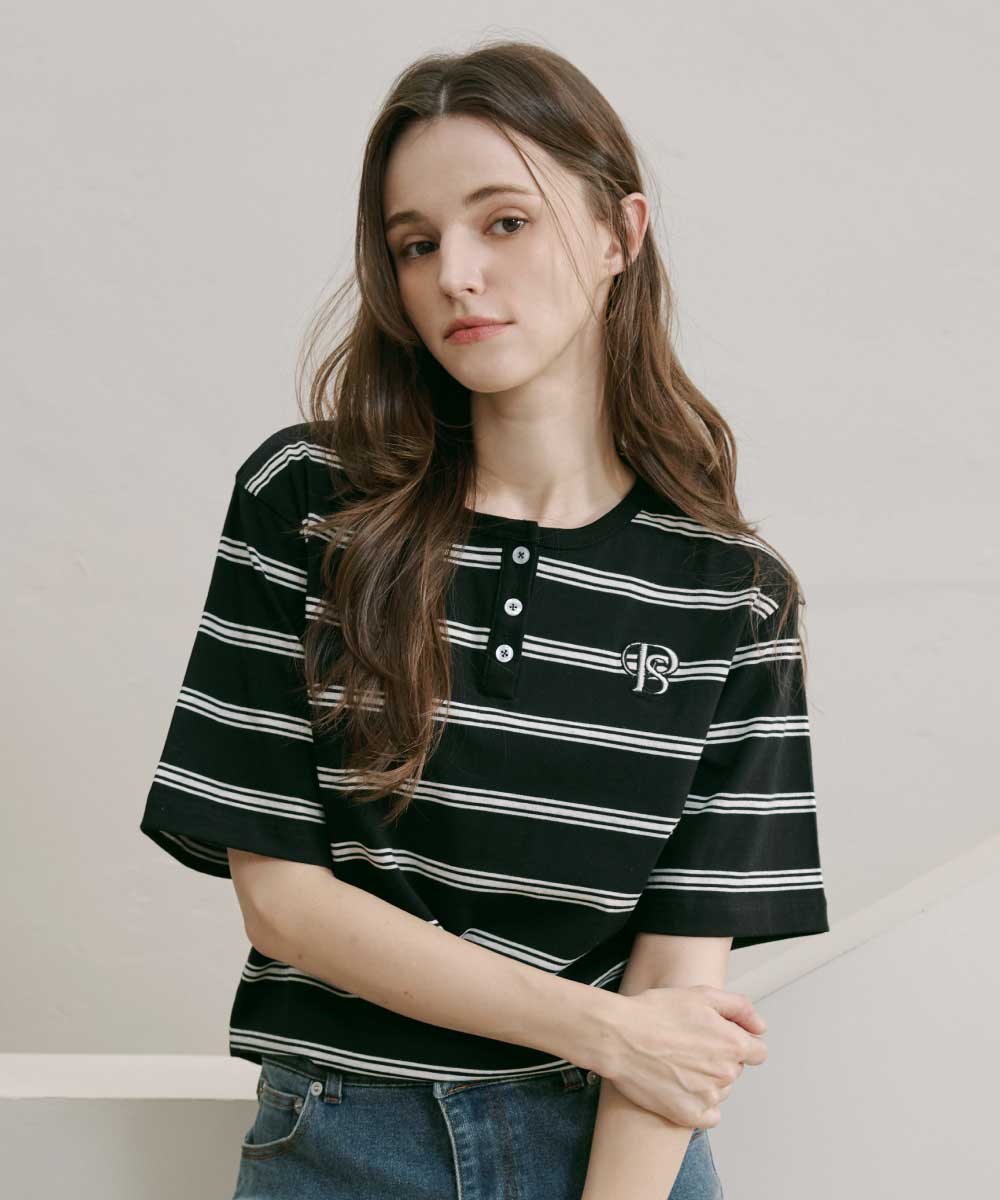 чёрный Stripe Henley Short Sleeves