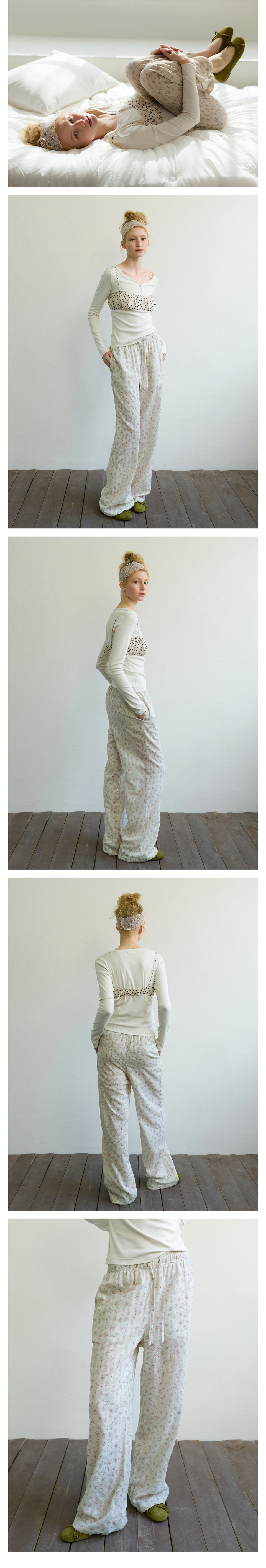 FLORAL STRIPE LOUNGE PANTS - BEIGE