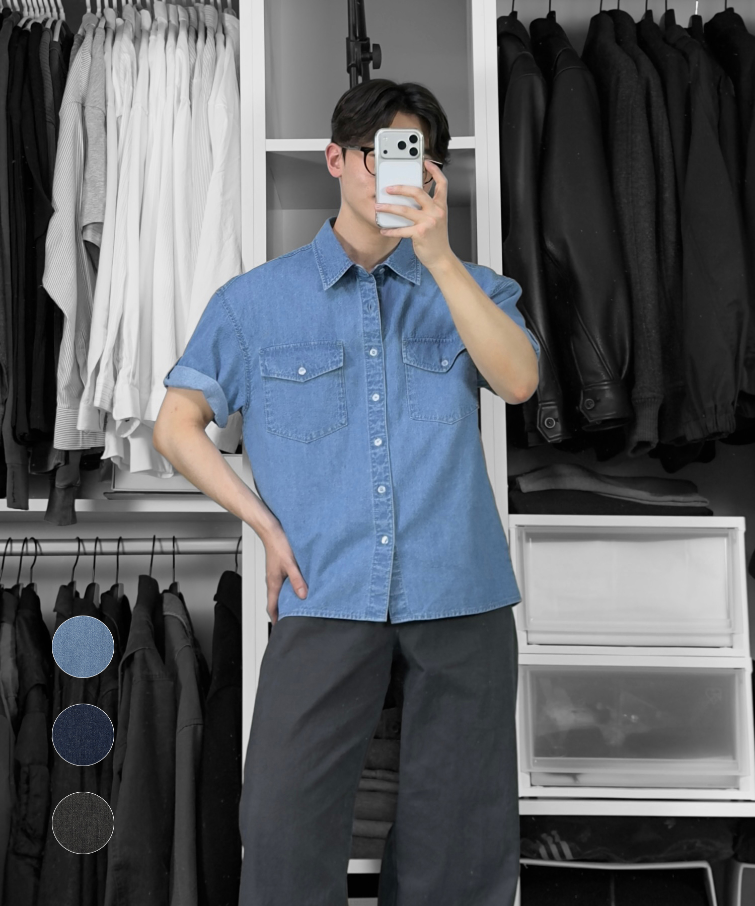 LINEN DENIM ROLL-UP SHIRT [3color]