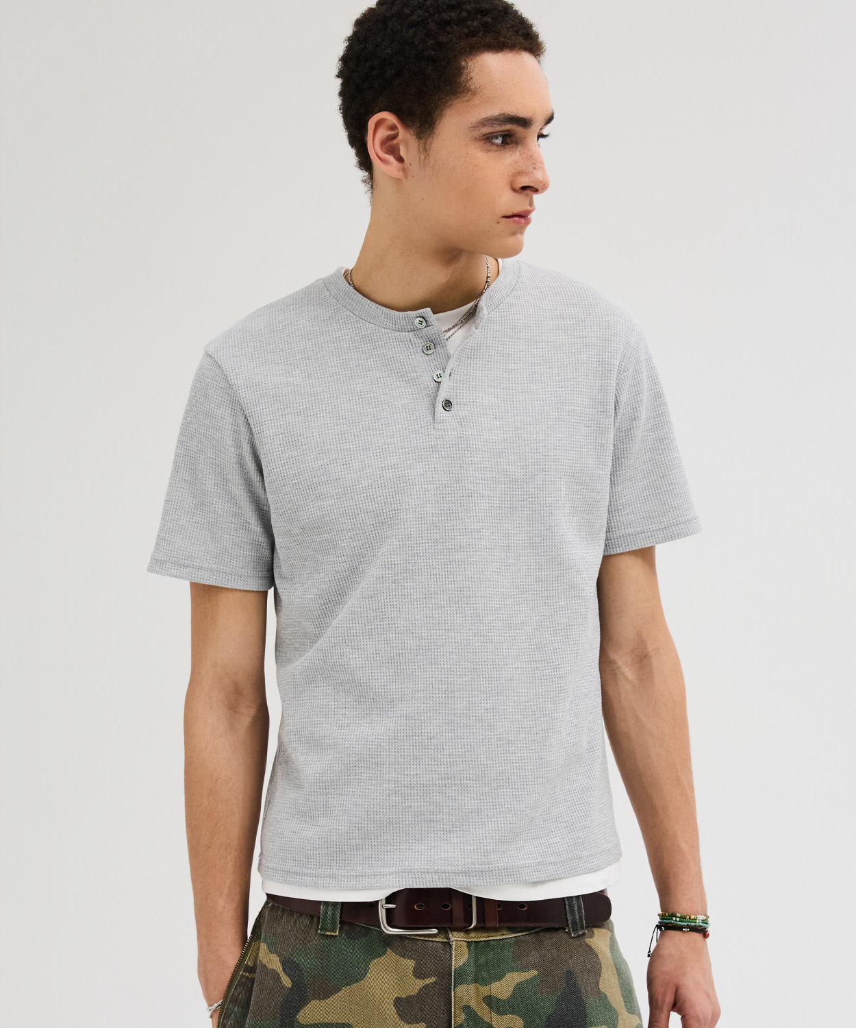 Waffle Henley Neck Semi Crop T-рубашка [серый]