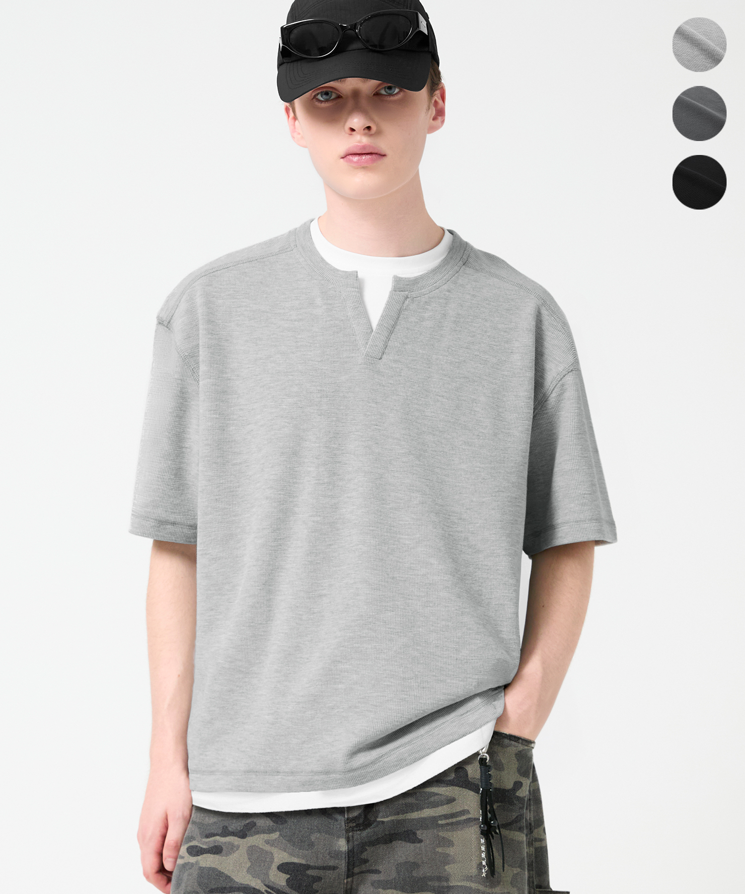 LAYERED HENLEY SLIT NECK WAFFLE HALF SLEEVE 3color