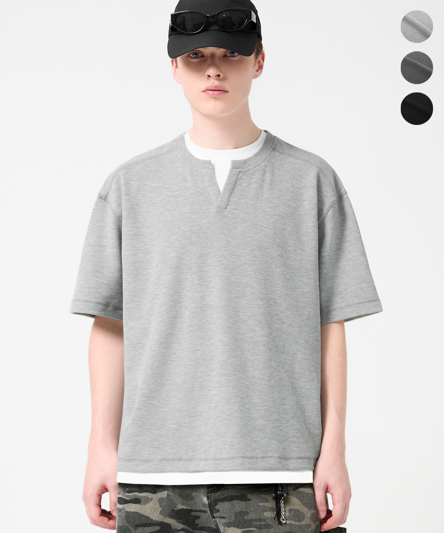 LAYERED HENLEY SLIT NECK WAFFLE HALF SLEEVE 3color