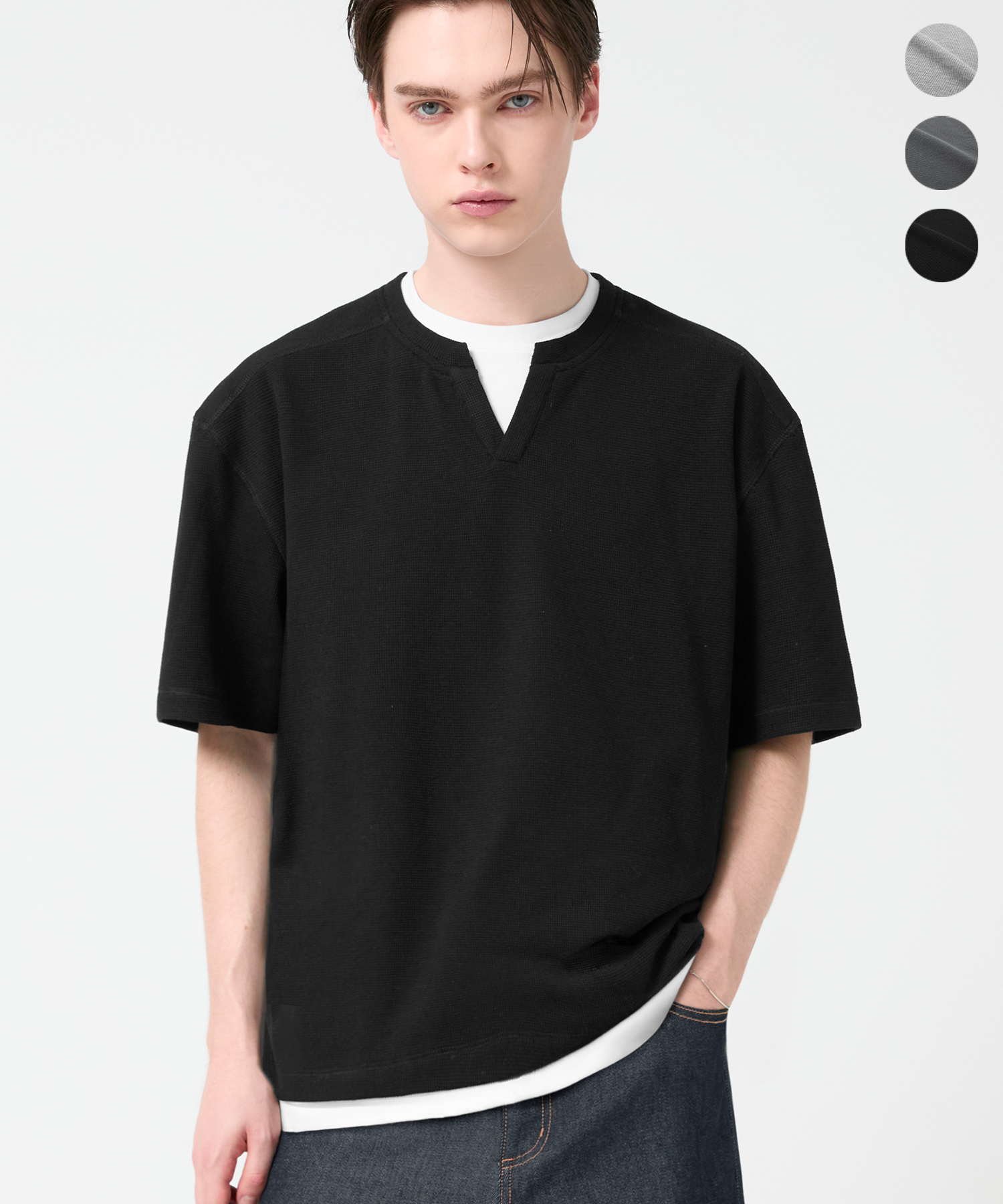 LAYERED HENLEY SLIT NECK WAFFLE HALF SLEEVE 3color