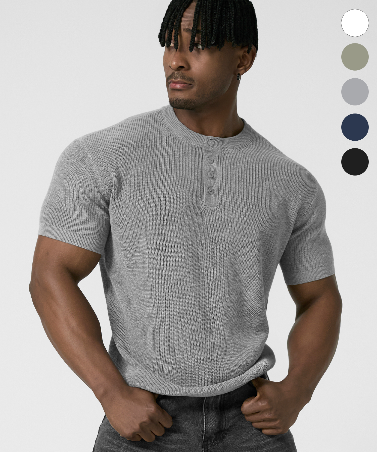 LINEN HENLEY NECK MUSCLE FIT HALF KNIT 5color
