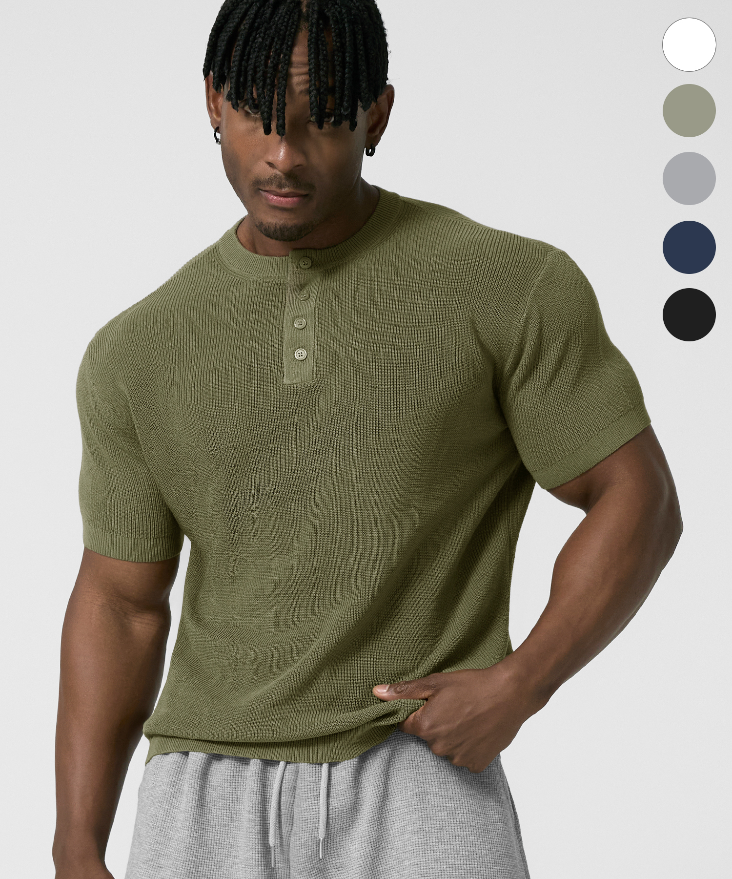 LINEN HENLEY NECK MUSCLE FIT HALF KNIT 5color