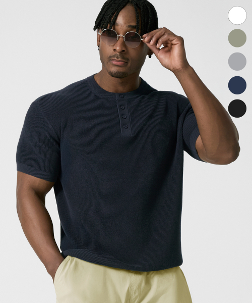 Washable Linen Muscle Fit Henley Neck Half Knit _5color thumbnail 2