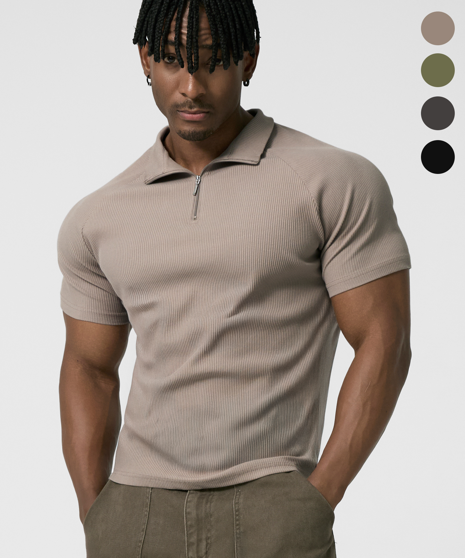 RIBBED MUSCLE FIT ZIP UP LONG SLEEVE 4color