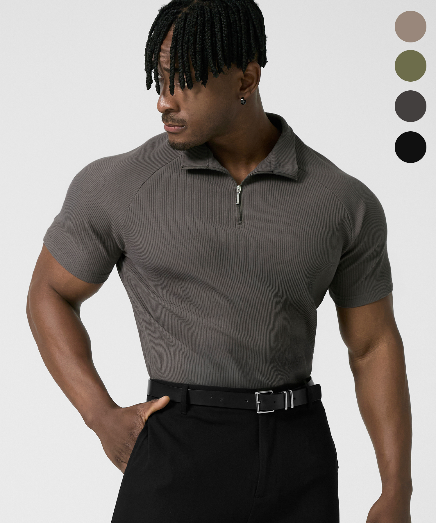 RIBBED MUSCLE FIT ZIP UP LONG SLEEVE 4color
